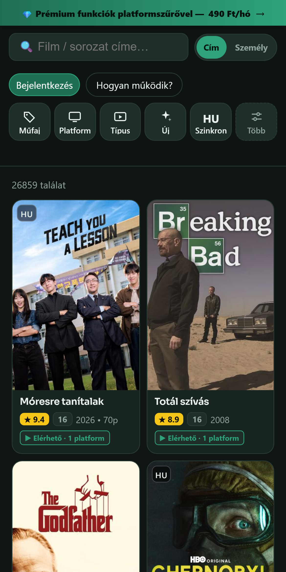 A Filmnéző kezdőképernyője telefonon