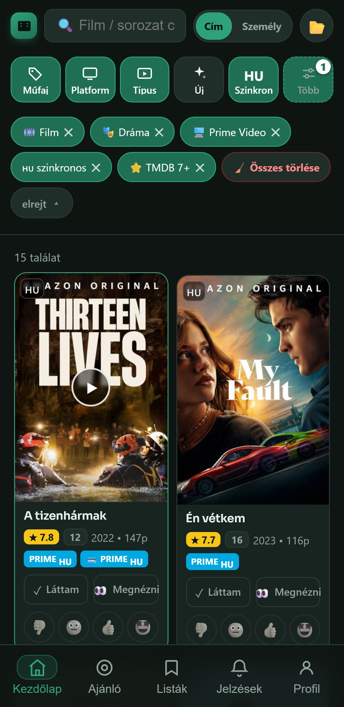 Szűrt találati lista a Filmnézőben