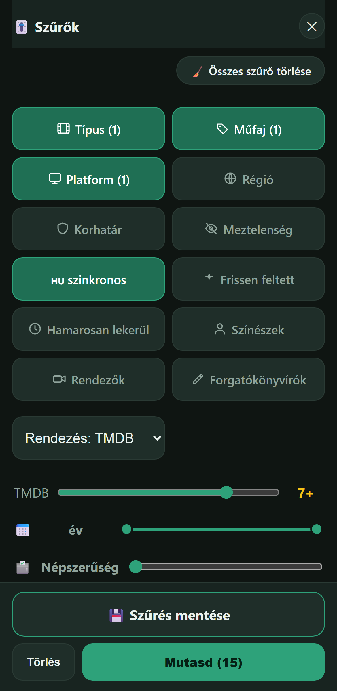 A Filmnéző szűrő-panelje